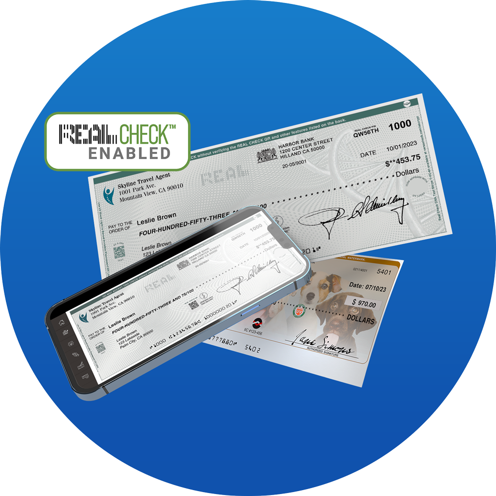 Checks displayed with a mobile device showing a Digitally Enhanced Check.